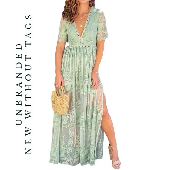 1733. UNBRANDED LACE MAXI LENGTH DRESS SIZE MEDIUM MINT GREEN IN COLOR EMBROIDER - Picture 1 of 10